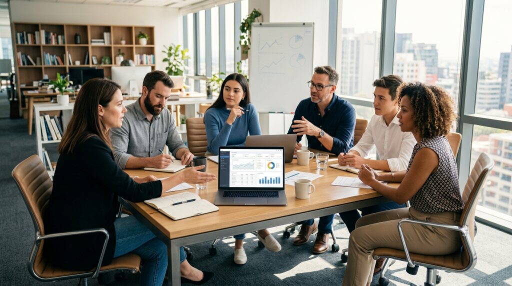 Tým marketérů diskutuje PPC strategii v moderní kanceláři s přehledem kampaní na laptopech