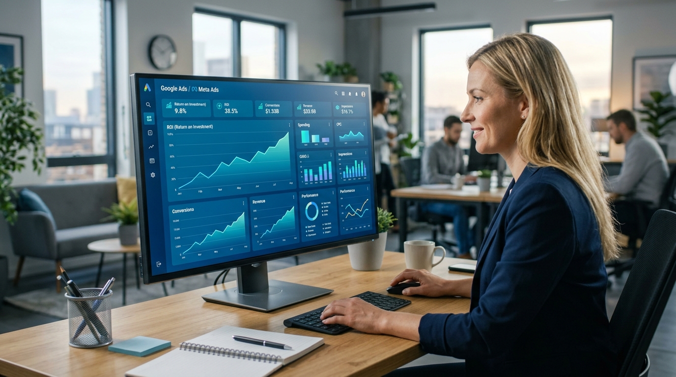 PPC reklama – Google Ads a Meta Ads dashboard s přehledem výkonu kampaní